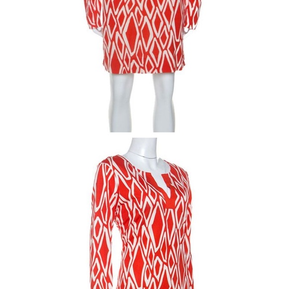 Diane Von Furstenberg Coral Red Ikat Print Silk Reina Long Sleeve Dress 8 - Picture 1 of 5
